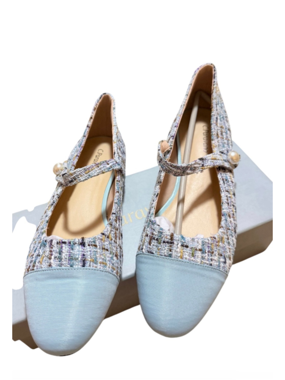 Women's C. Paravano Tweed Mary Jane Flats in Blue and Multicolor